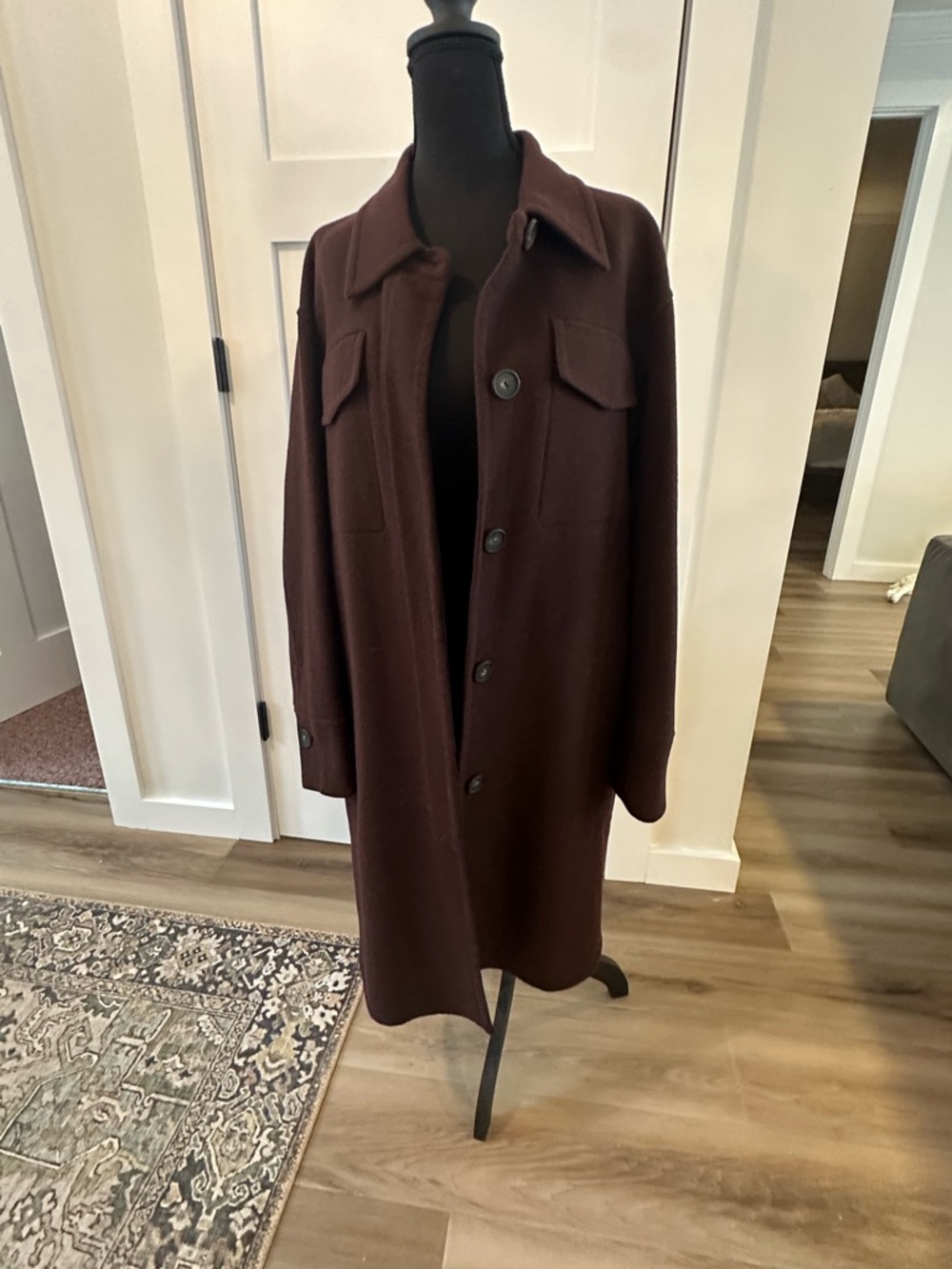 Vincent Classic Long Button-Up Coat in Deep Burgundy Size XL